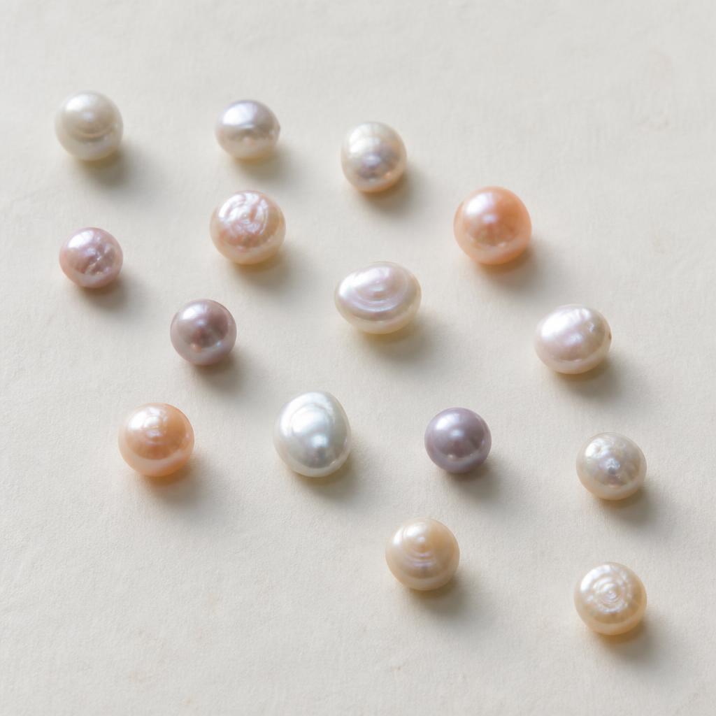 Loose freshwater pearls in white, cream, peach, blush, and lavender tones arranged separately