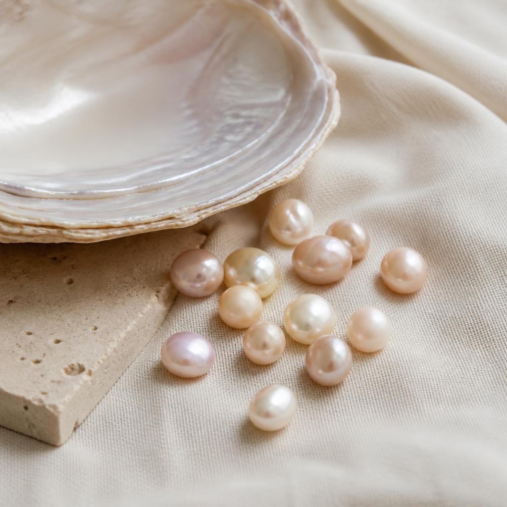 Loose freshwater pearls beside a pale mussel shell on cream linen