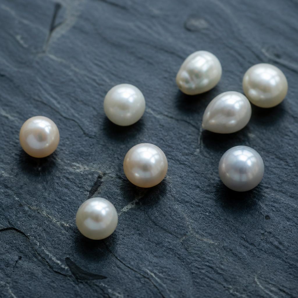 Loose freshwater pearls with soft reflections resting separately on blue-gray slate