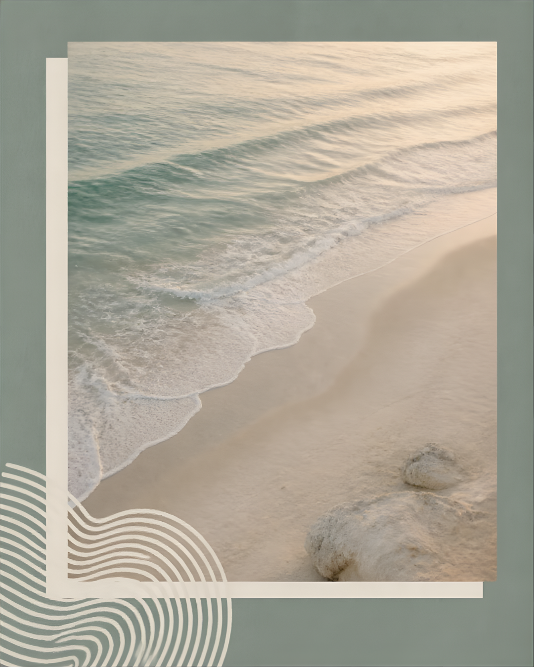 Gentle ocean waves reaching a pale sandy shoreline, framed in muted green and cream